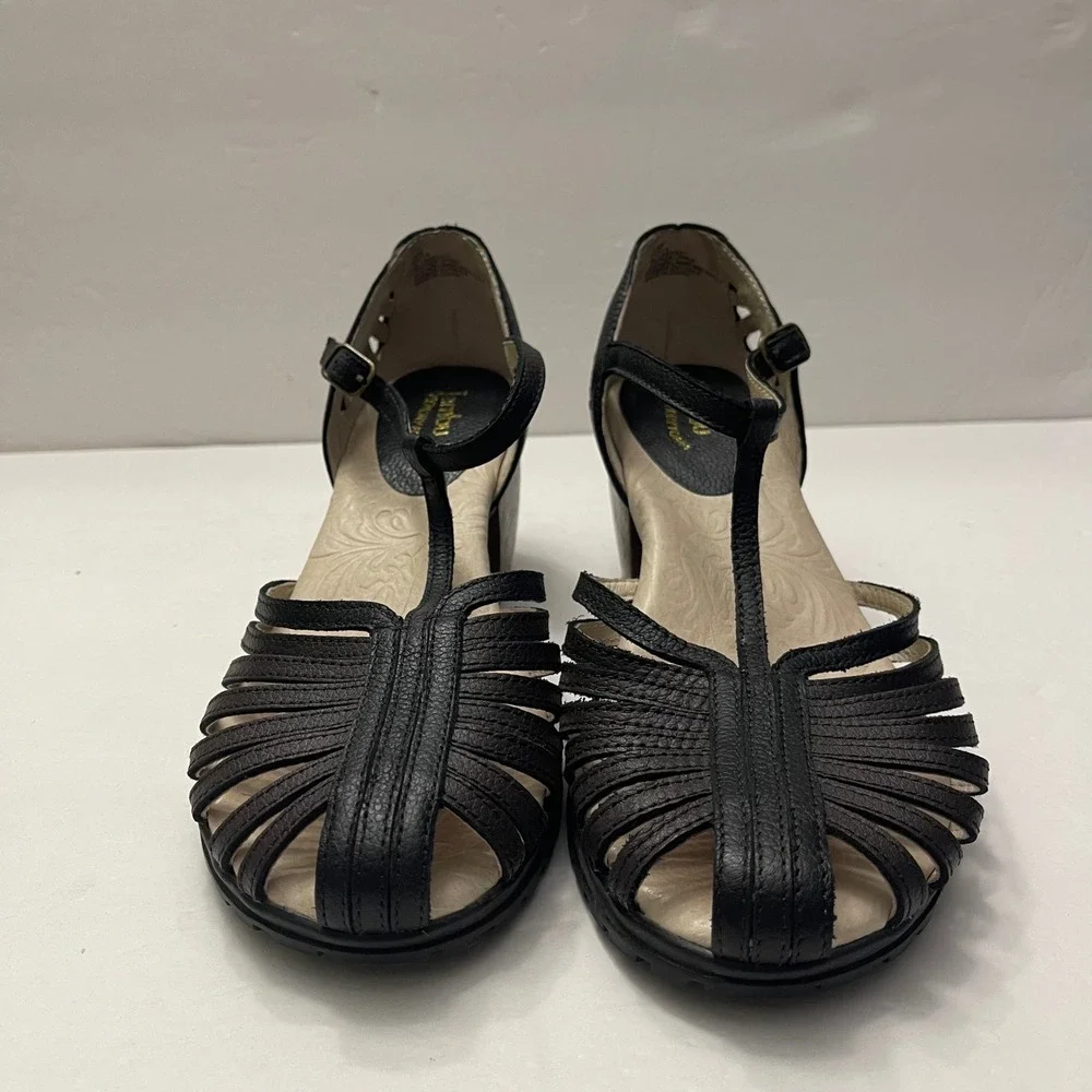 Jambu Sofia Black Leather T-Strap Caged Block Heel Sandals Womens 8M